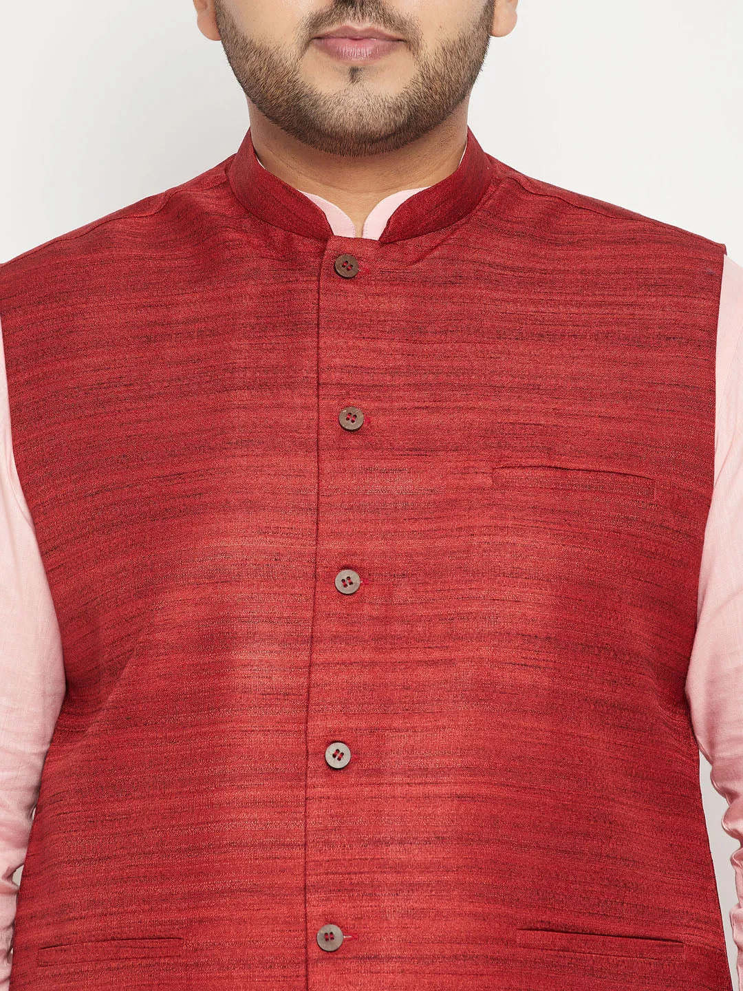 Men's Plus Pink, Maroon And White Cotton Blend Jacket Kurta Pyjama Set - Vastramay