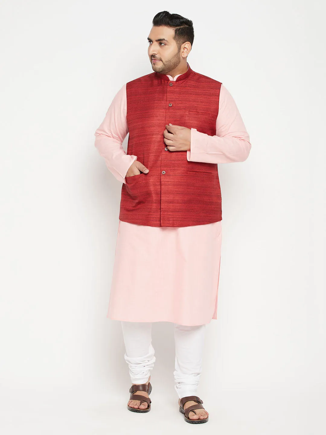 Men's Plus Pink, Maroon And White Cotton Blend Jacket Kurta Pyjama Set - Vastramay