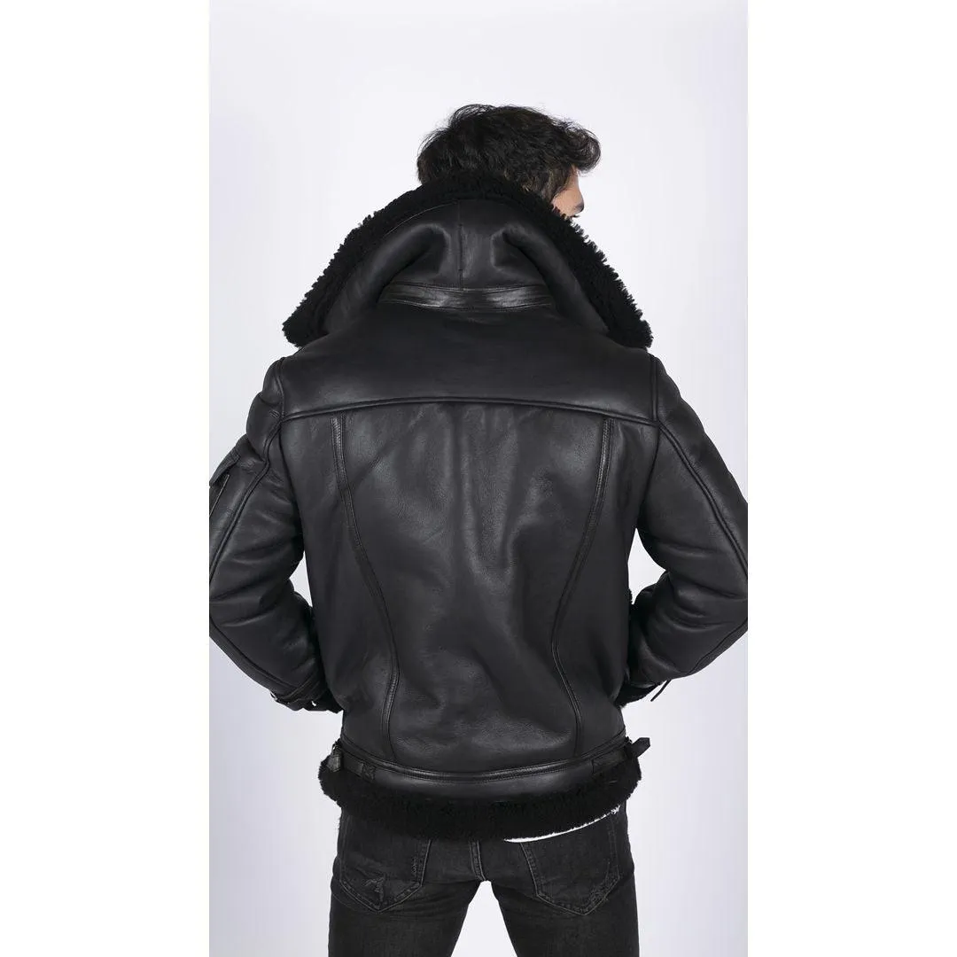 Mens Shearling Sheepskin Coat Zipped Flying Jacket Black Winter Warm Fur