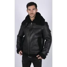 Mens Shearling Sheepskin Coat Zipped Flying Jacket Black Winter Warm Fur