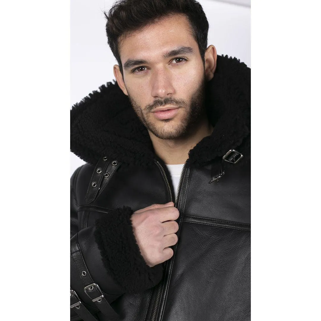 Mens Shearling Sheepskin Coat Zipped Flying Jacket Black Winter Warm Fur