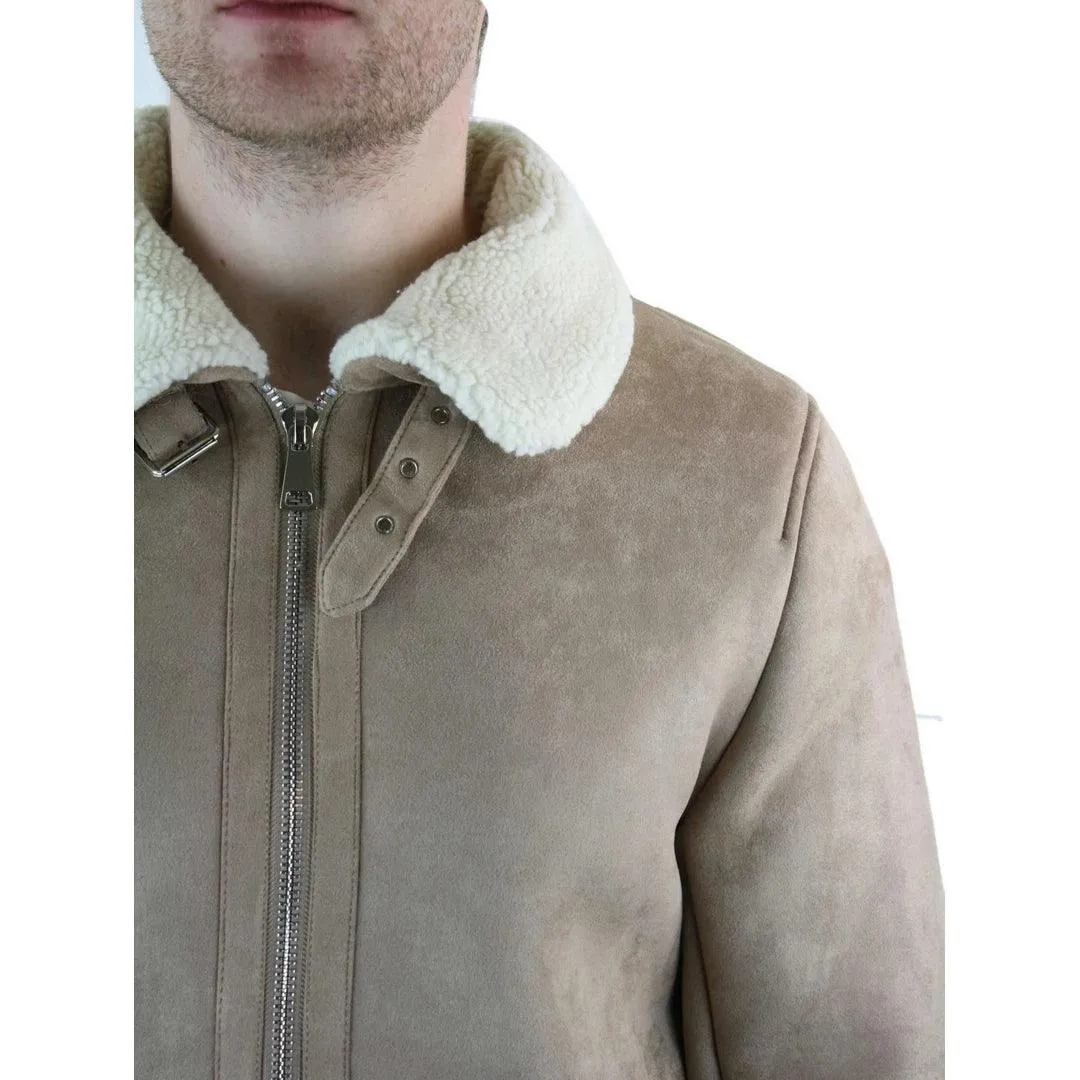 Mens Suede Sheepskin Faux Fur B3 Aviator Flying Jacket Cross Zip RAF Vintage