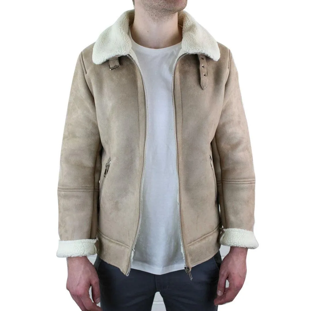 Mens Suede Sheepskin Faux Fur B3 Aviator Flying Jacket Cross Zip RAF Vintage