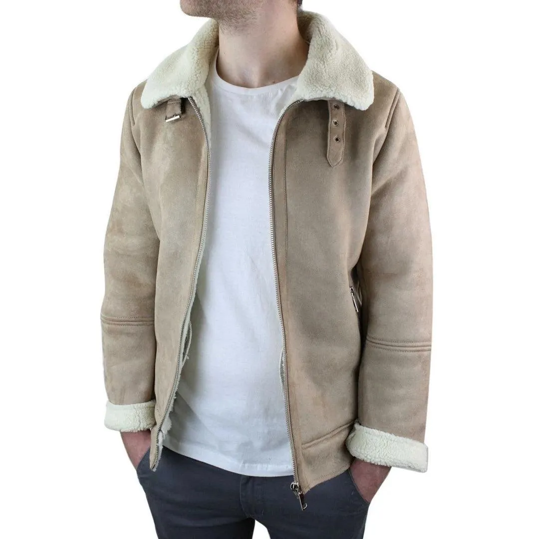 Mens Suede Sheepskin Faux Fur B3 Aviator Flying Jacket Cross Zip RAF Vintage