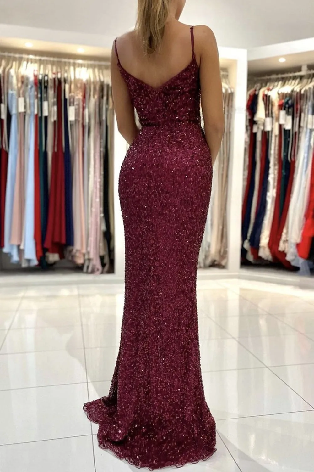 Mermaid V Neck Burgundy Sequins Long Prom Dress with High Slit, Mermaid Burgundy Formal Dress, Maroon Evening Dress A1343