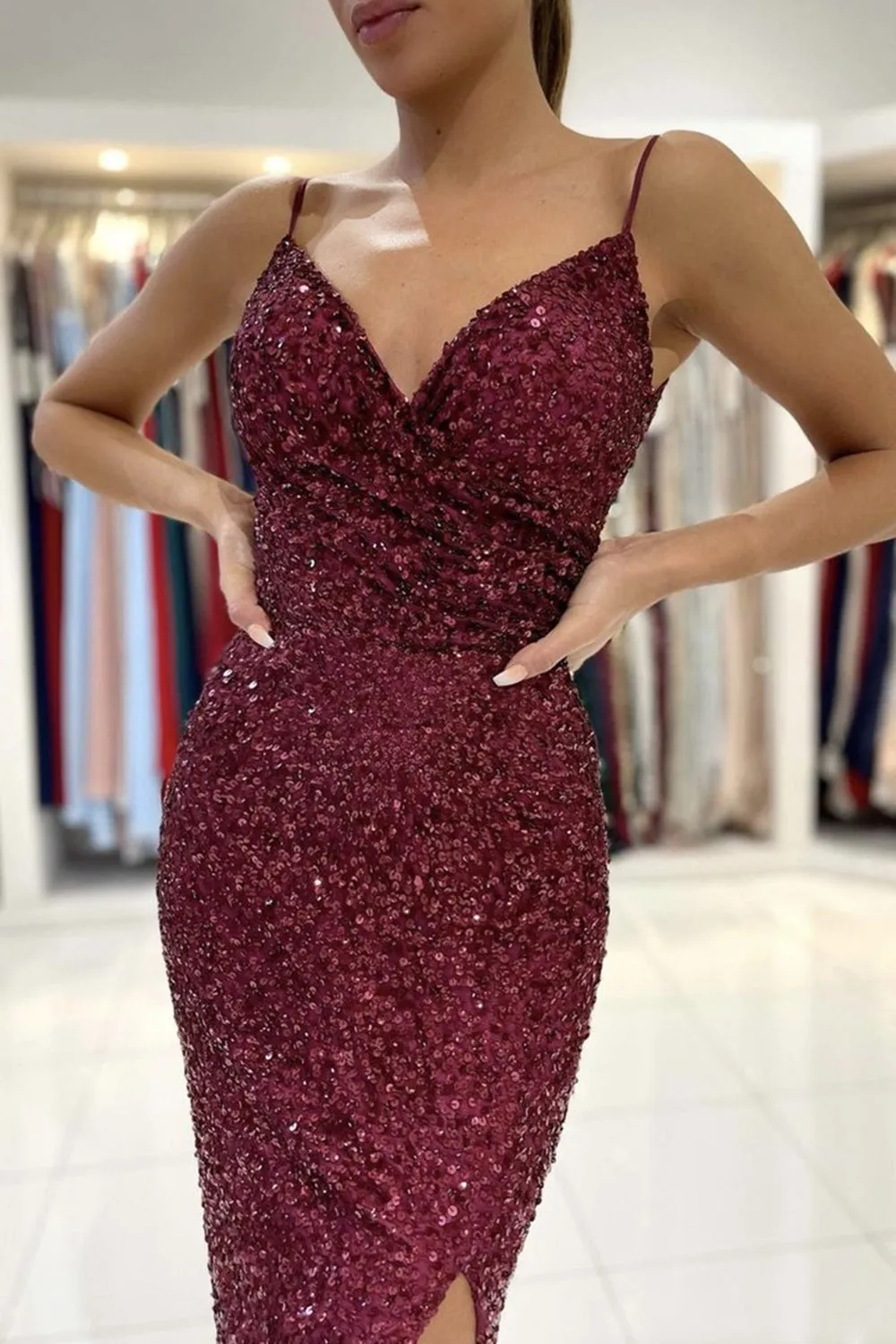 Mermaid V Neck Burgundy Sequins Long Prom Dress with High Slit, Mermaid Burgundy Formal Dress, Maroon Evening Dress A1343