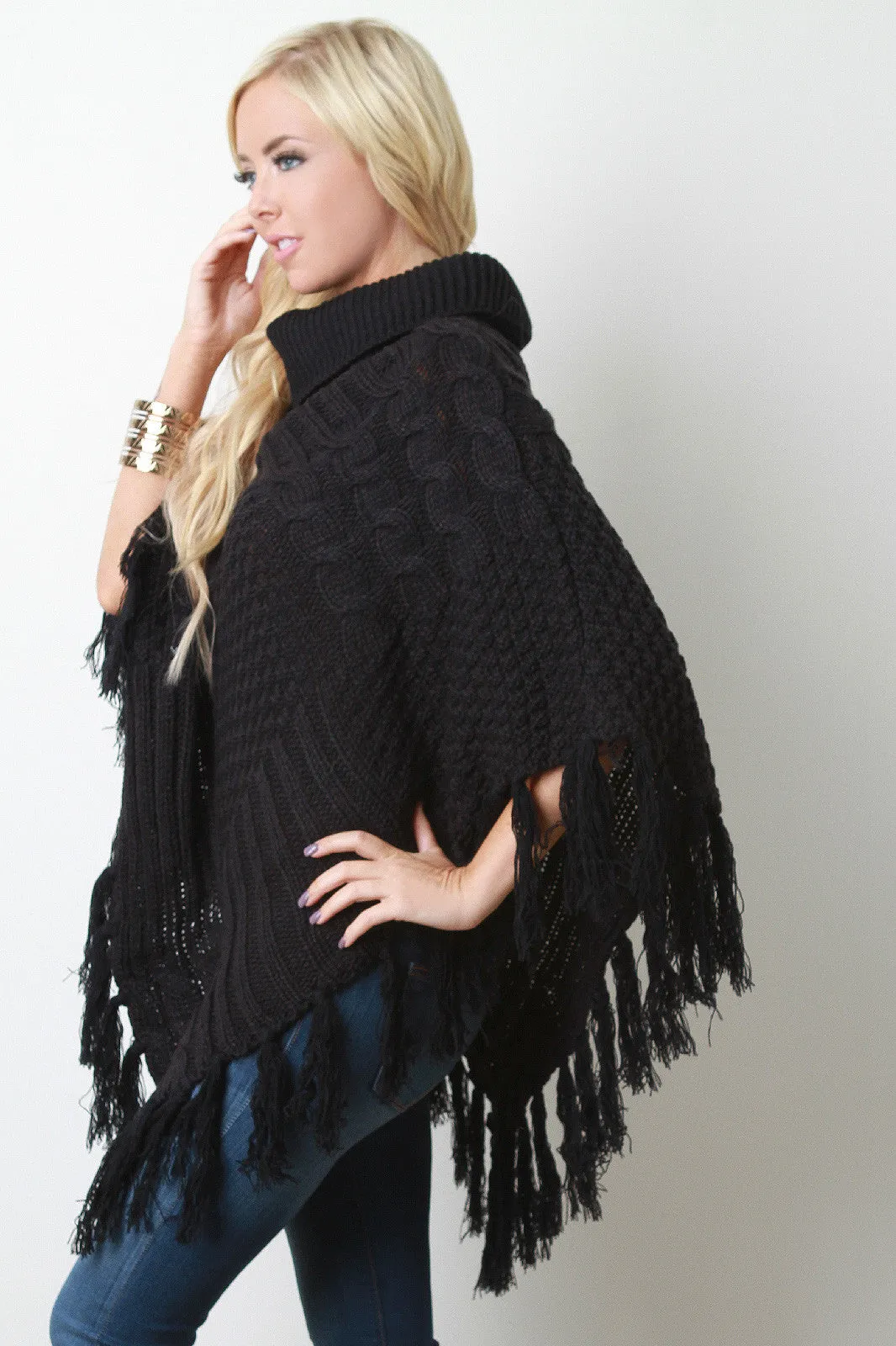 Mixed Cable Knit Turtleneck Tassel Hem Poncho