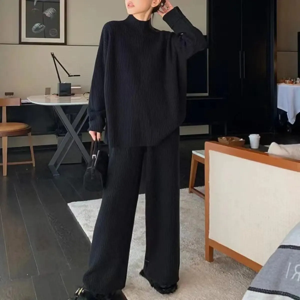 MS018 2 Piece Outfits Casual Loose Turtleneck Long Sleeve Knit Top and Wide Leg Pants