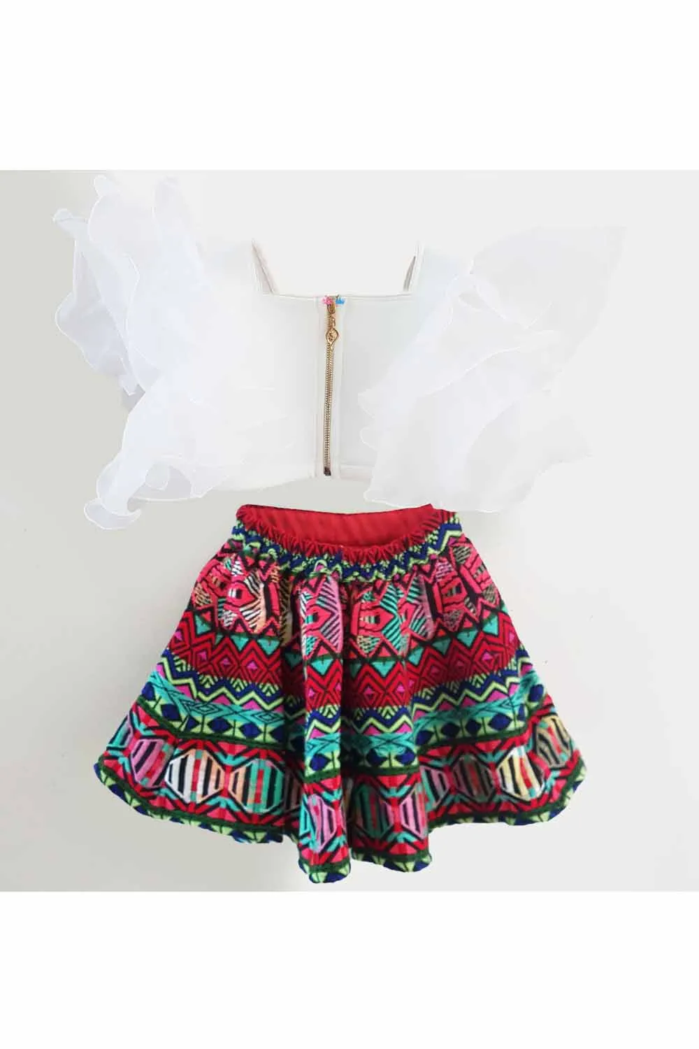 Multi color boho jacquard skirt with white top set