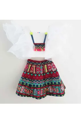 Multi color boho jacquard skirt with white top set