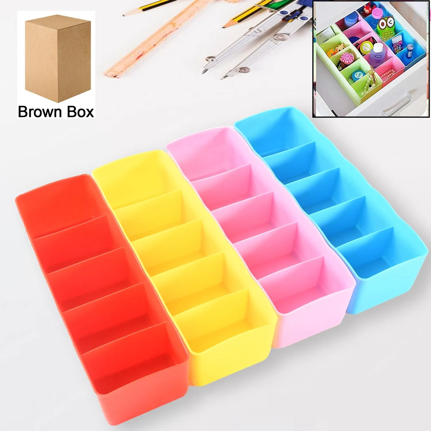 Multi-Function Desktop Drawer Storage Box Clothing Organizer 5 Grid Storage Box Underwear Socks ,Ties Organizer Box (4 Pc Set)