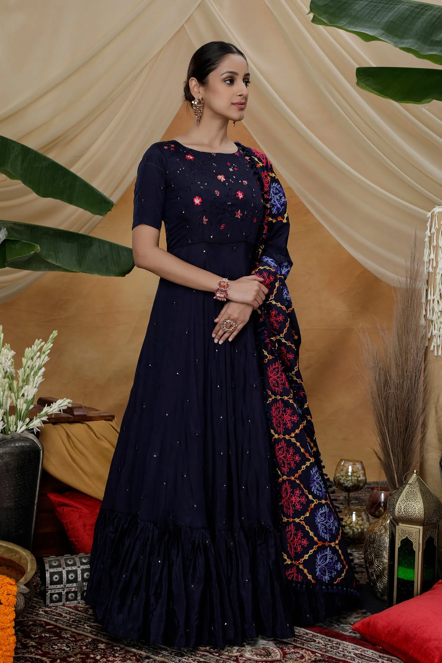 Navy Blue Resham Sequins Work Georgette Silk Anarkali Salwar Suit