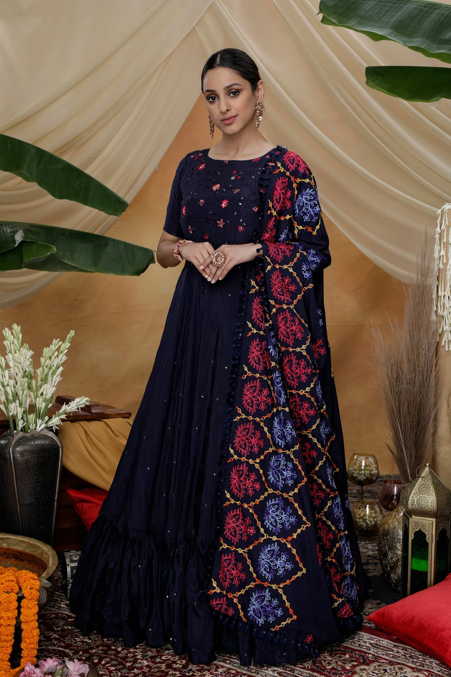 Navy Blue Resham Sequins Work Georgette Silk Anarkali Salwar Suit