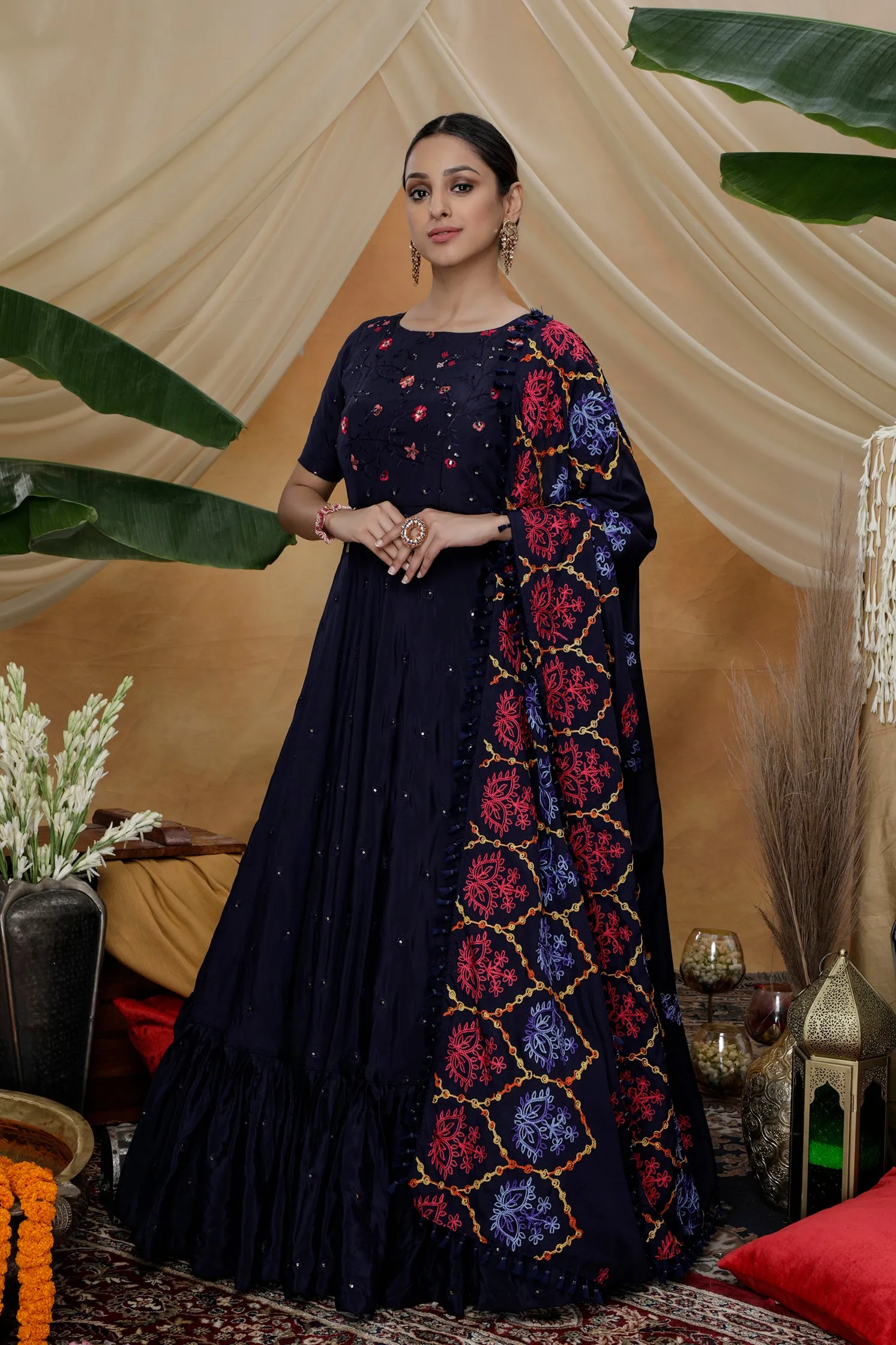 Navy Blue Resham Sequins Work Georgette Silk Anarkali Salwar Suit