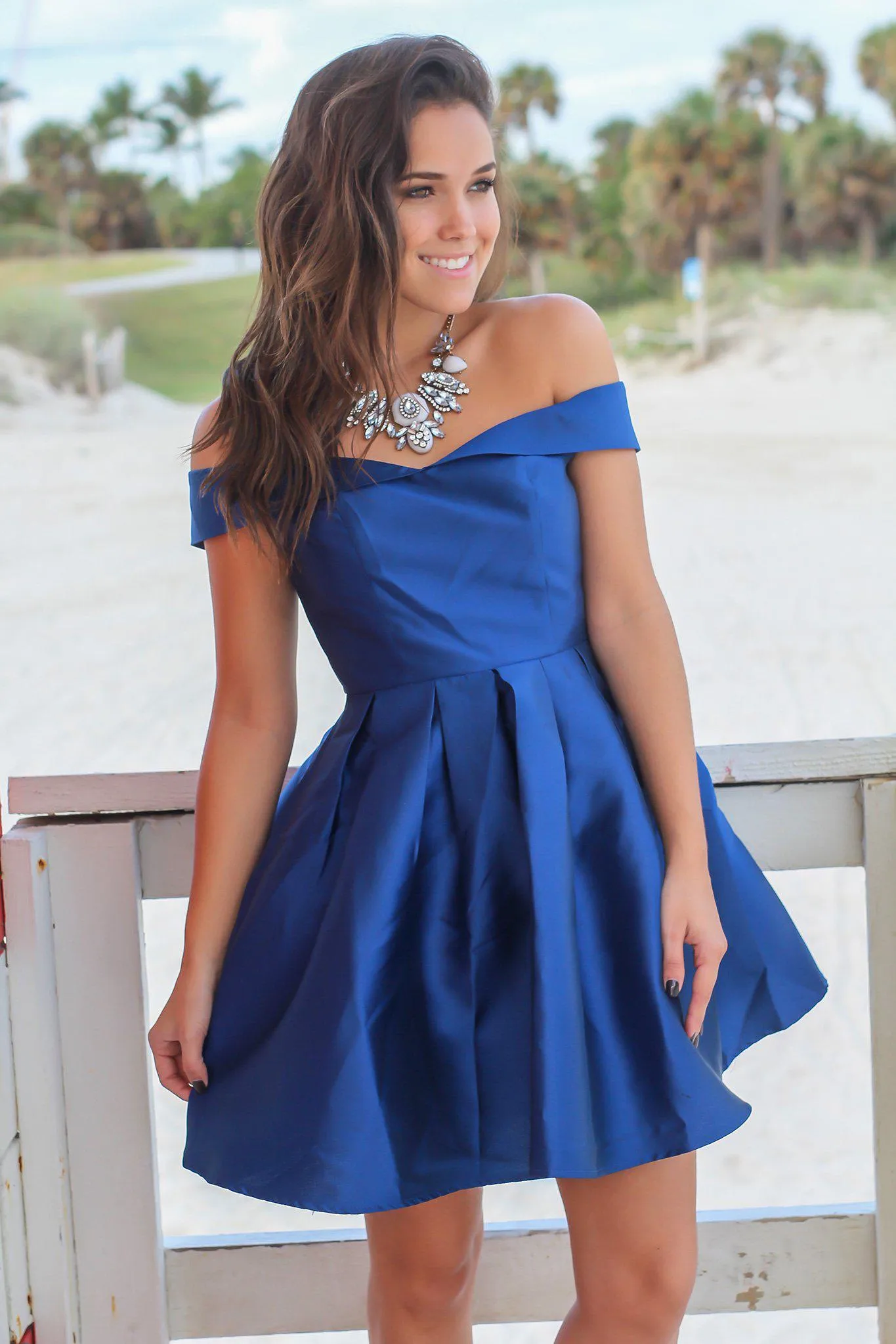 Navy Off Shoulder Short Dress