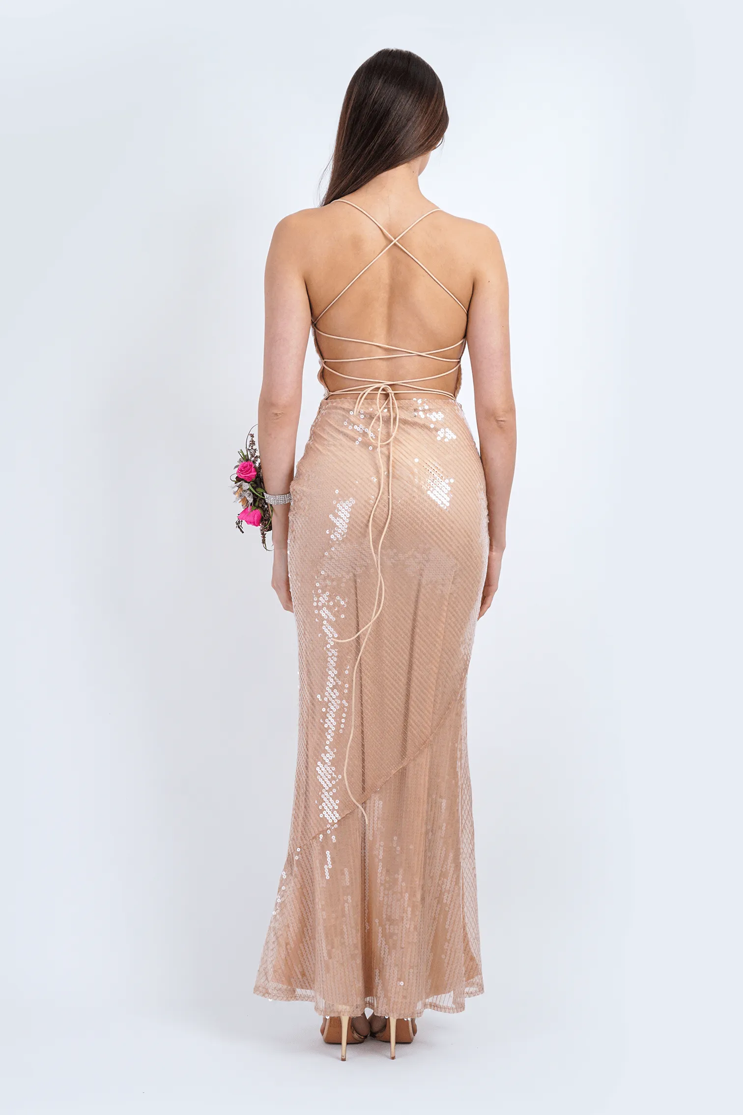 Nude Sequin Cowl Slip Gown