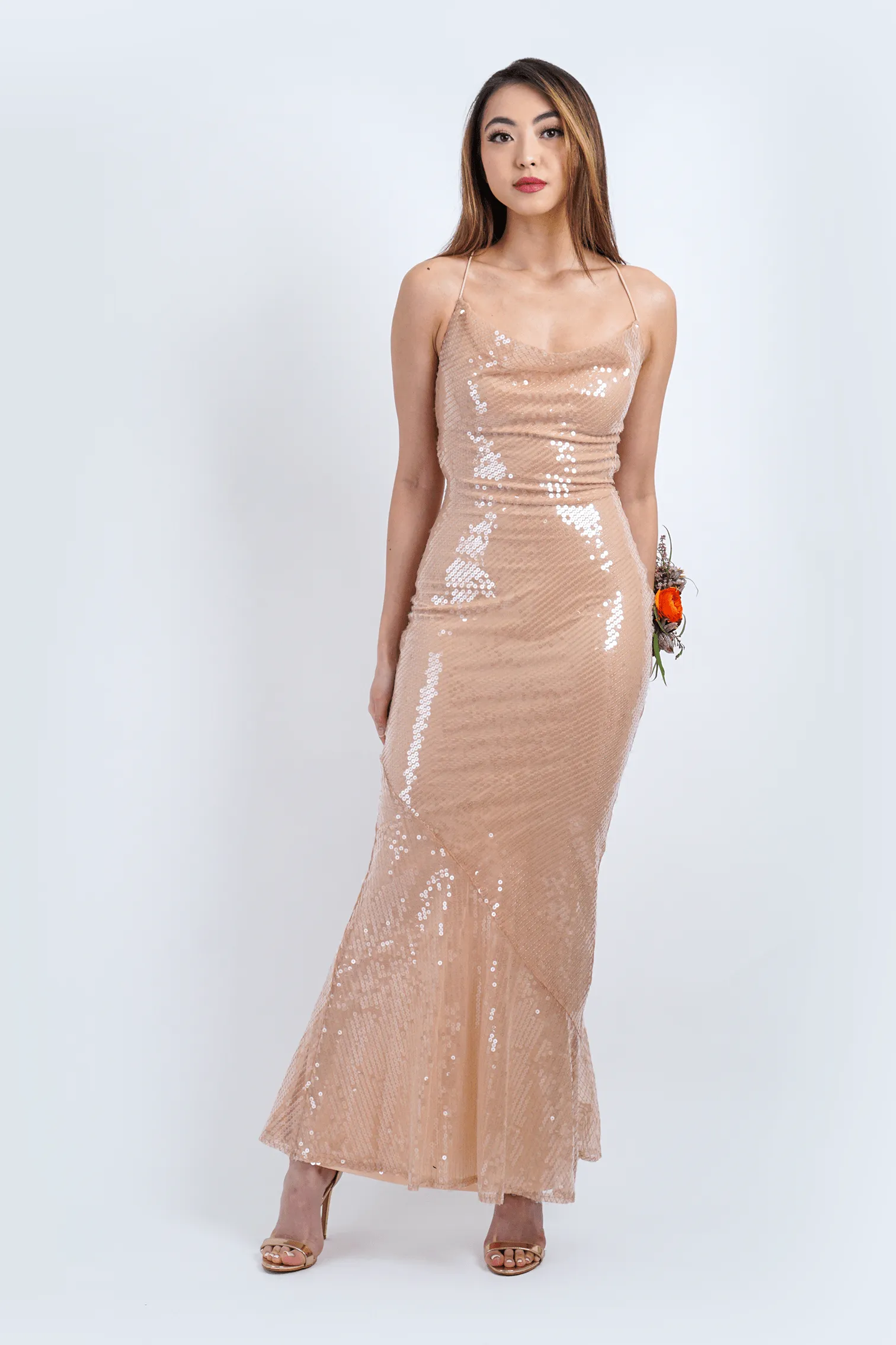 Nude Sequin Cowl Slip Gown