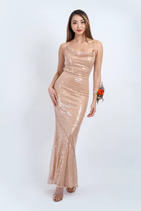 Nude Sequin Cowl Slip Gown