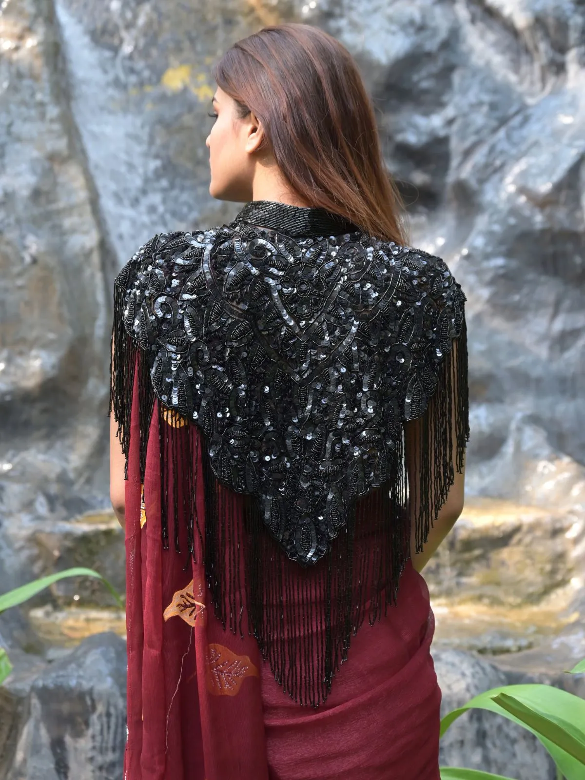 Odette Black Sequins and Beads Embellished Tassels Cape for Women