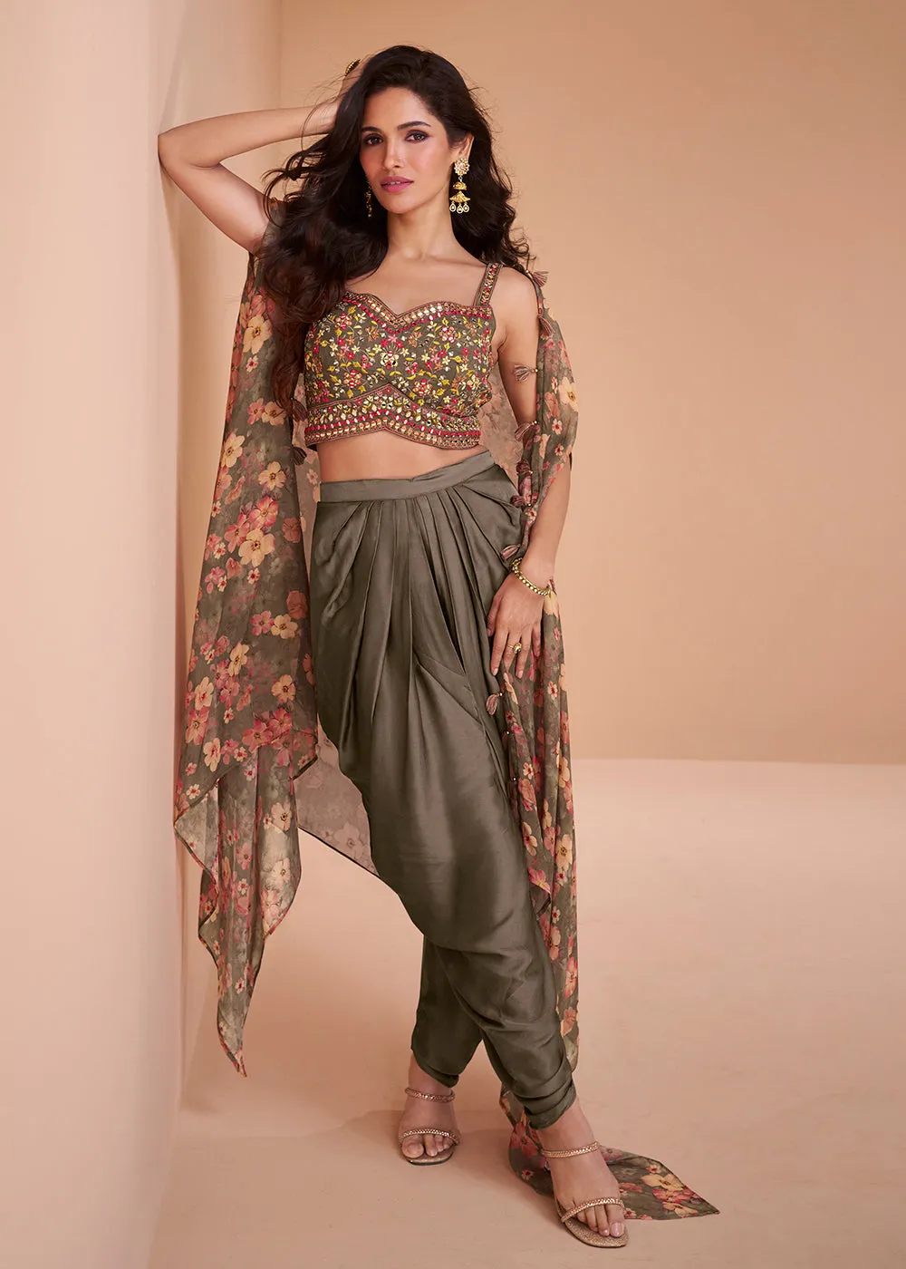 Olive Brown Satin Silk Indo Western Style Dhoti Pant Suit