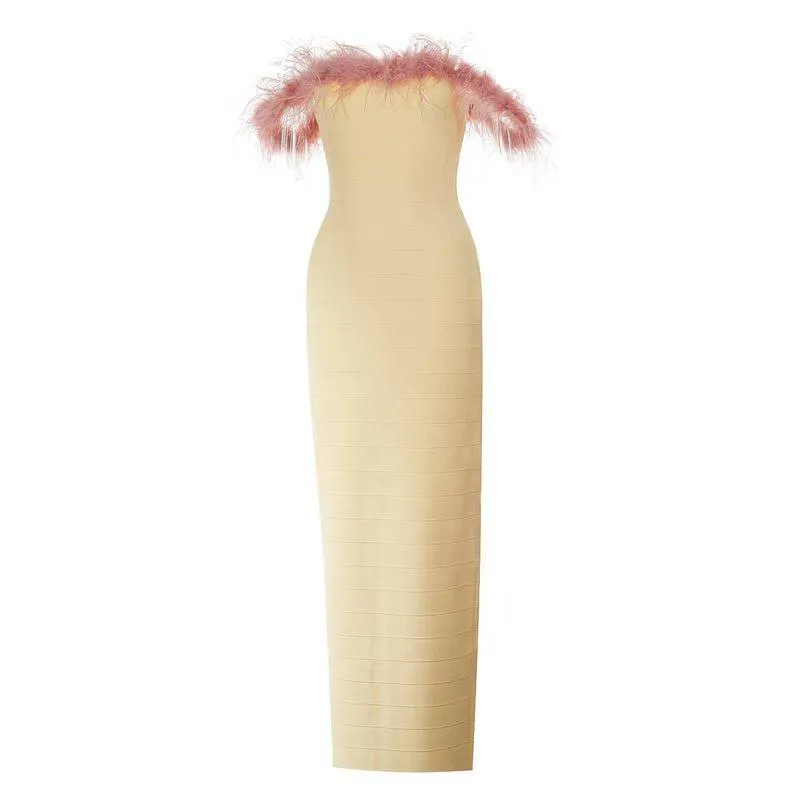 Olivia Strapless Fuzzy Trim Tube Midi Dress