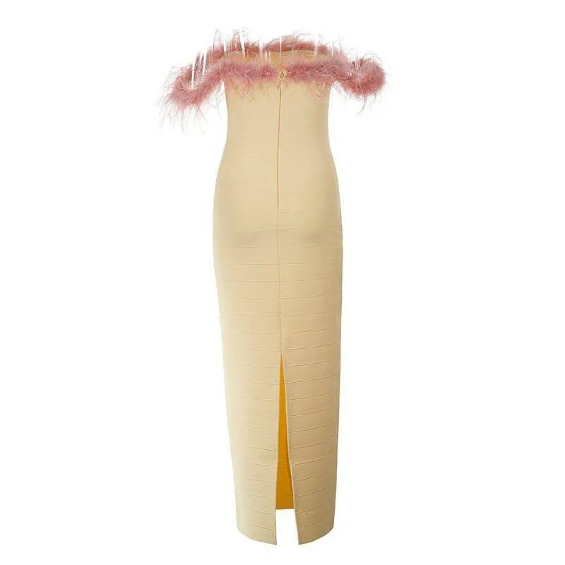 Olivia Strapless Fuzzy Trim Tube Midi Dress