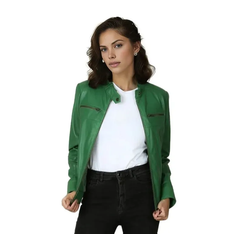 Olivia Women's Real Leather Biker Jacket Green