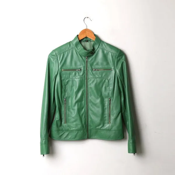 Olivia Women's Real Leather Biker Jacket Green