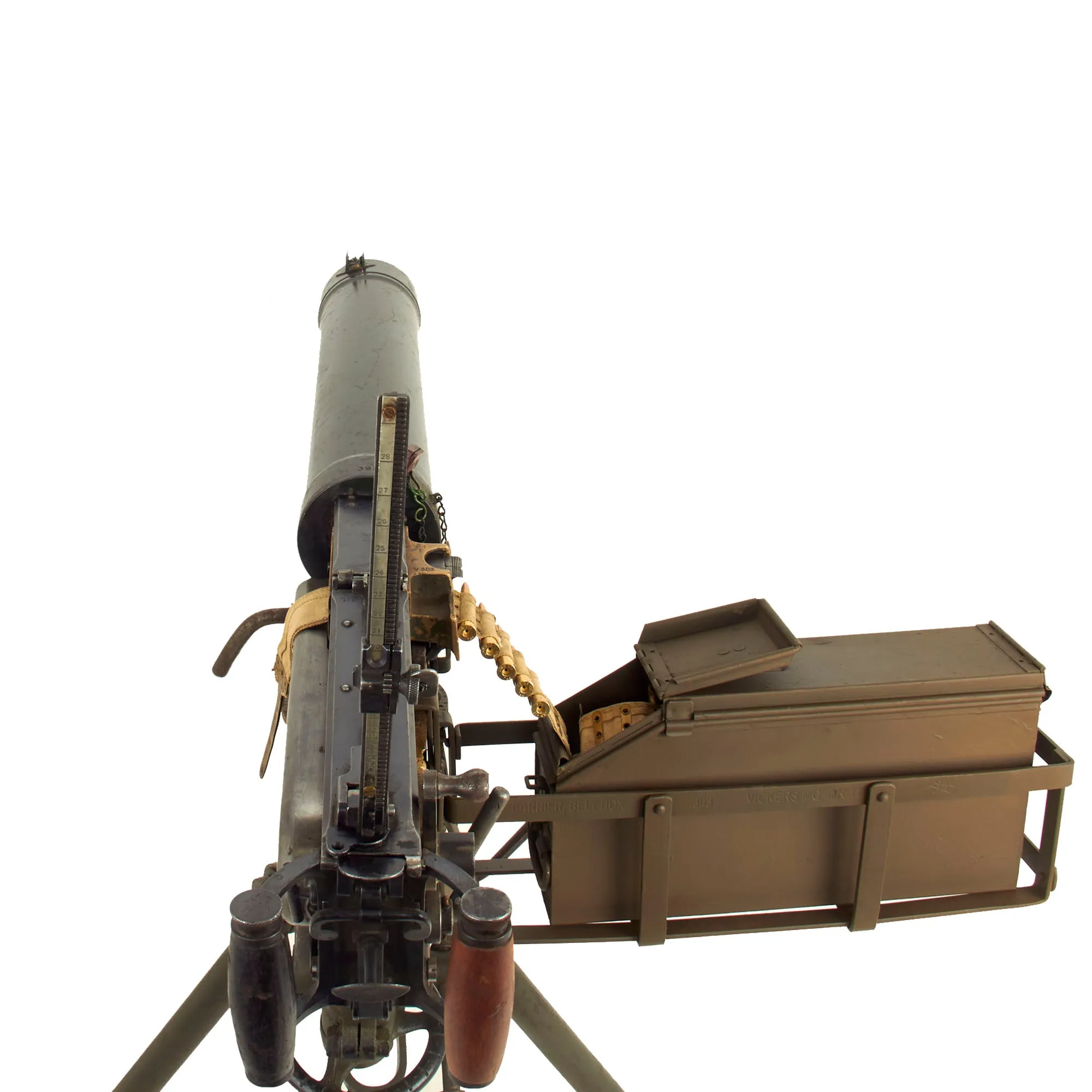 Original British WWII Vickers Display Medium Machine Gun with 1930 Dated Tripod & Accessories - Bullet Hole in Crosshead