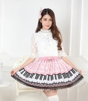 Original Design Sweet Snowflake and Piano Key Printed Short Lolita Skirt with Lace Trimming