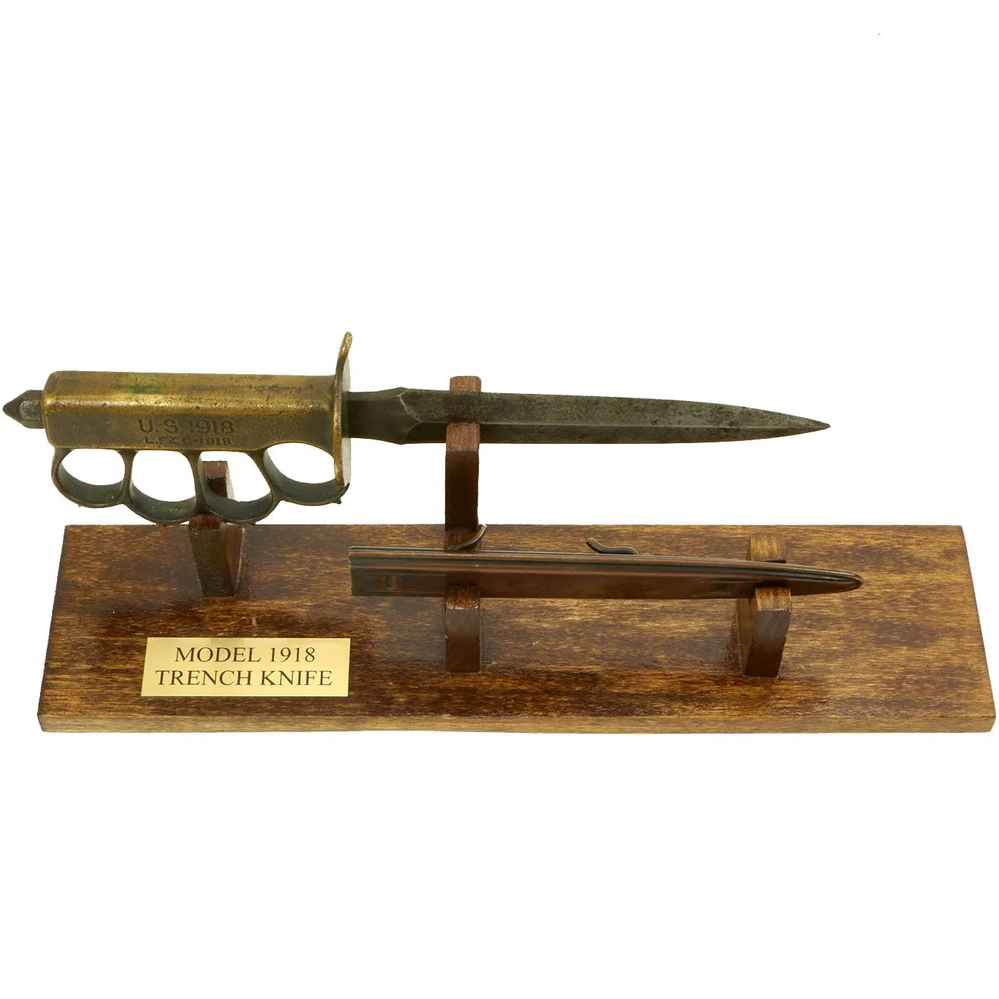 Original U.S. WWI Model 1918 Mark I Trench Knife by L. F. & C. with 1918 Scabbard with Custom Wood Stand