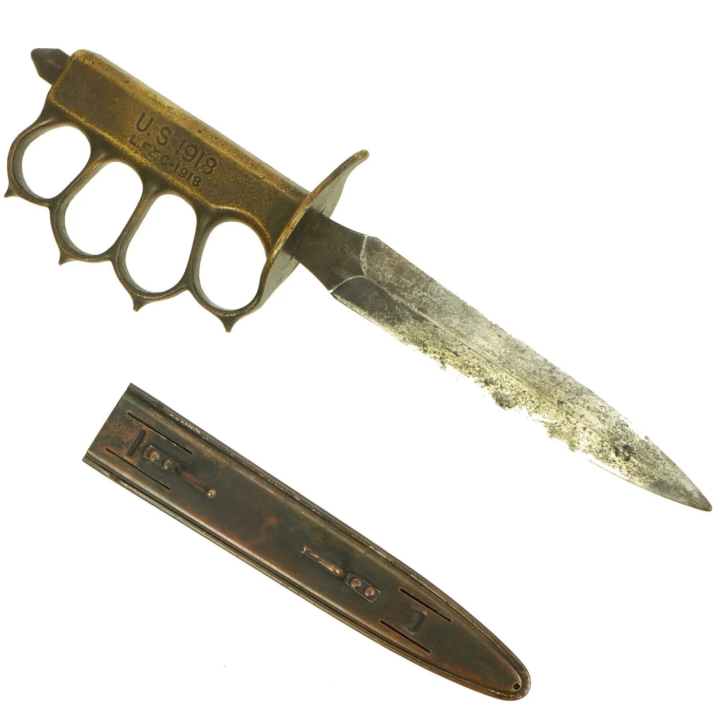 Original U.S. WWI Model 1918 Mark I Trench Knife by L. F. & C. with 1918 Scabbard with Custom Wood Stand