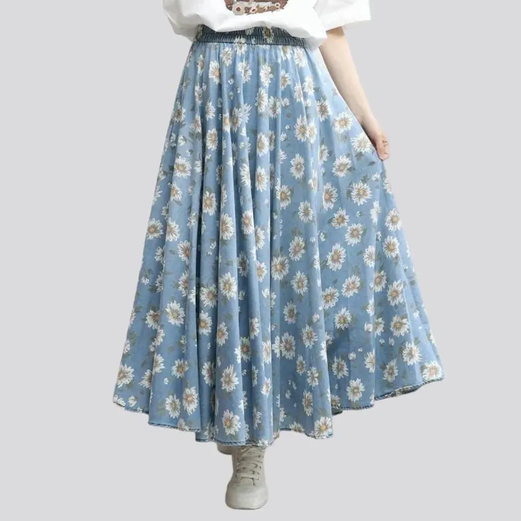 Painted flower-print jeans skirt