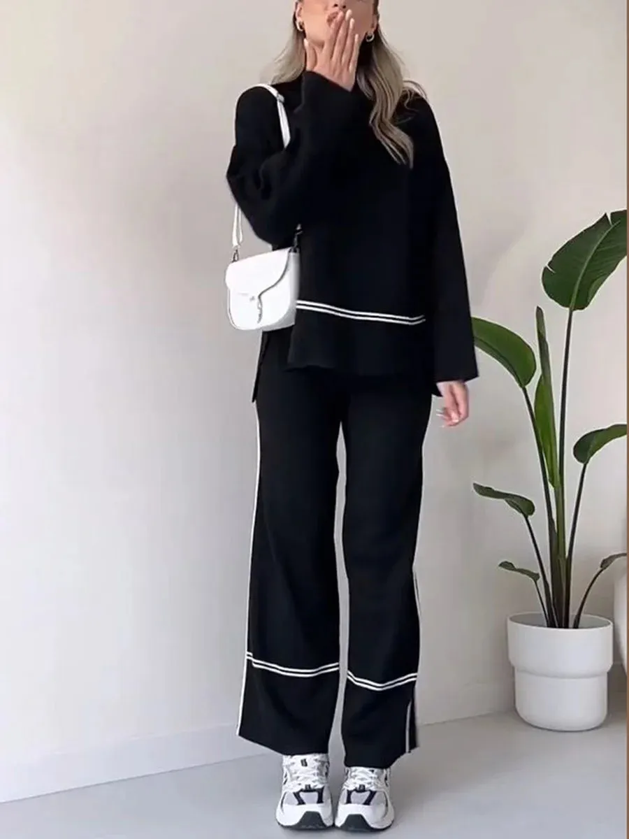 PANELLED KNIT SUIT LONG SLEEVE TURTLENECK TOP WIDE LEG PANTS