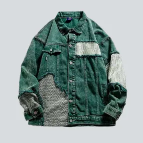 Patchwork green men's denim jacket