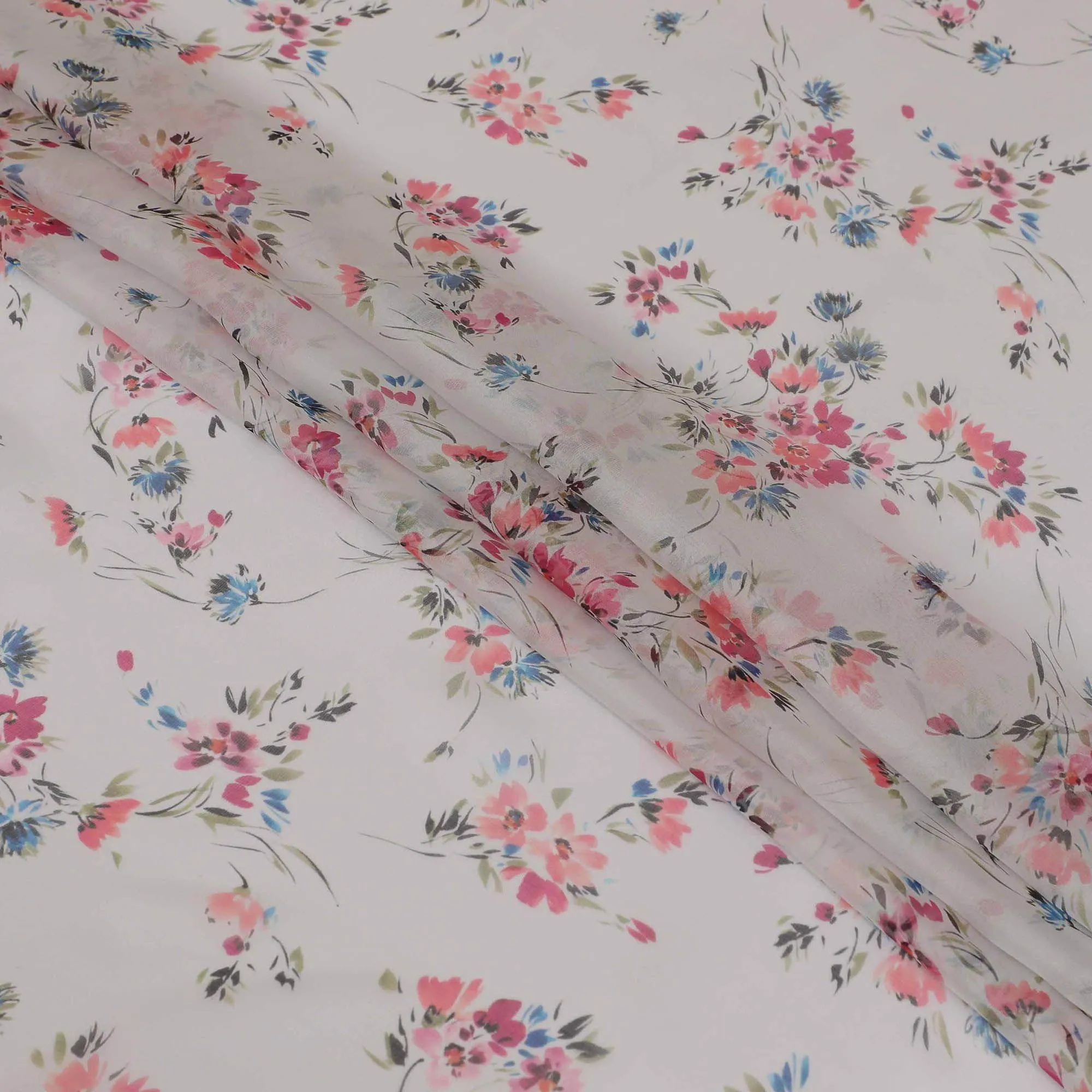 Pearl grey premium pure silk chiffon fabric with multicolor print in floral design-D13224