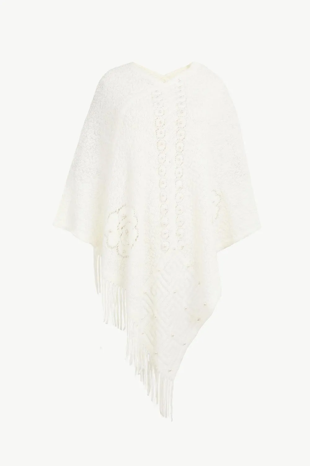 Pearl Trim Fringe Hem Poncho