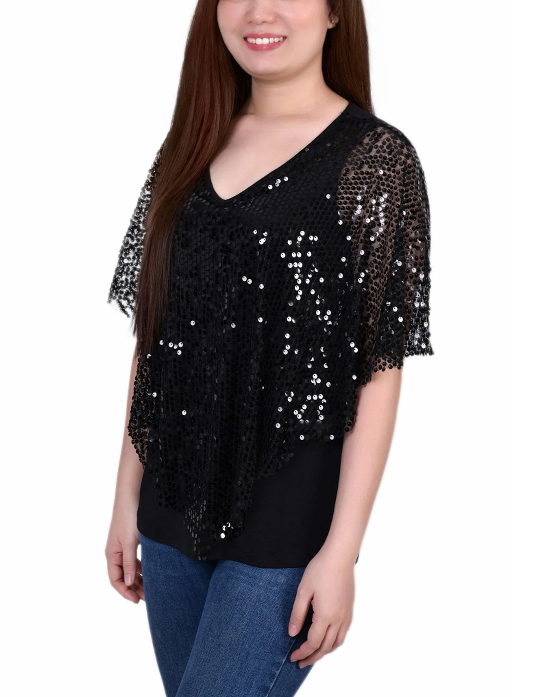 Petite Sequin-Front Poncho