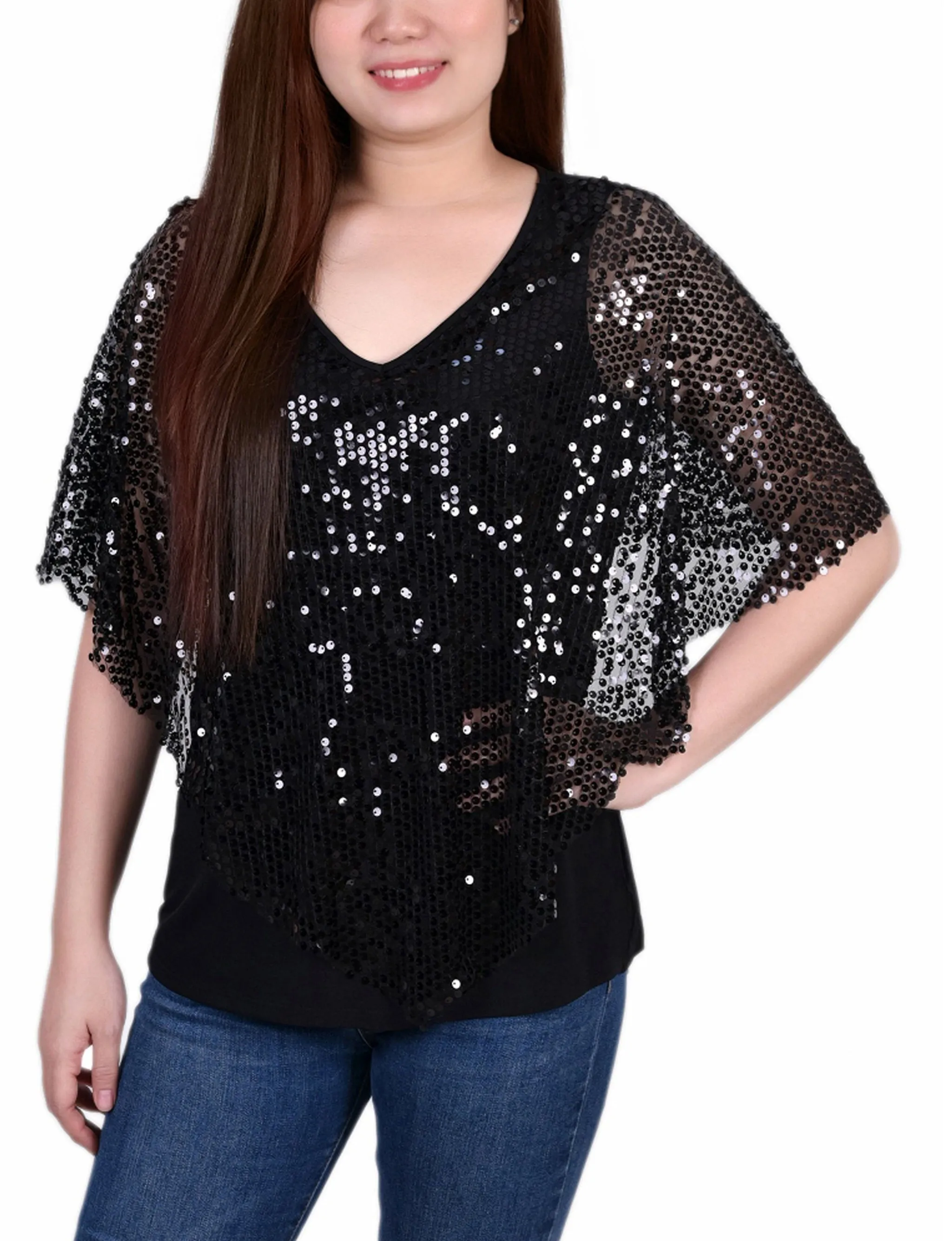 Petite Sequin-Front Poncho