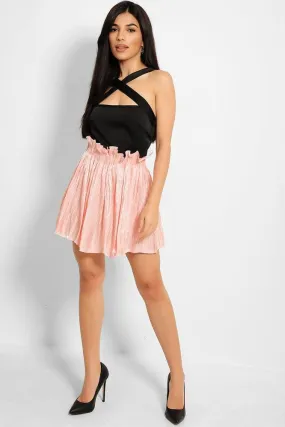 Pink Shimmer Pleated Finish Paperbag Skirt