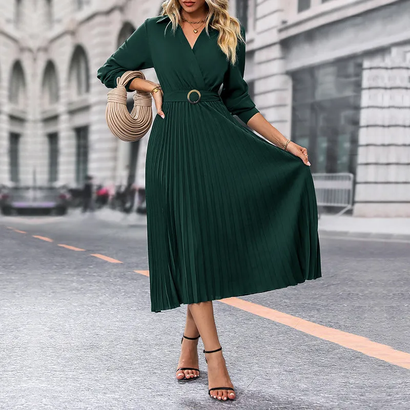 Pleated Long Sleeve V-neck Luxurious Solid Color Maxi Dress