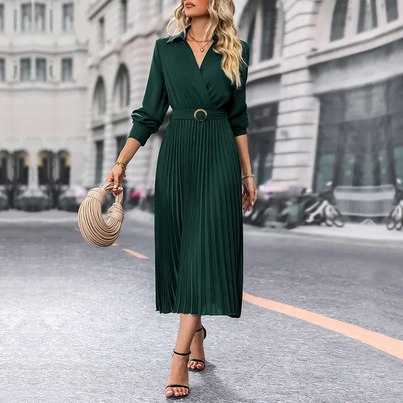 Pleated Long Sleeve V-neck Luxurious Solid Color Maxi Dress