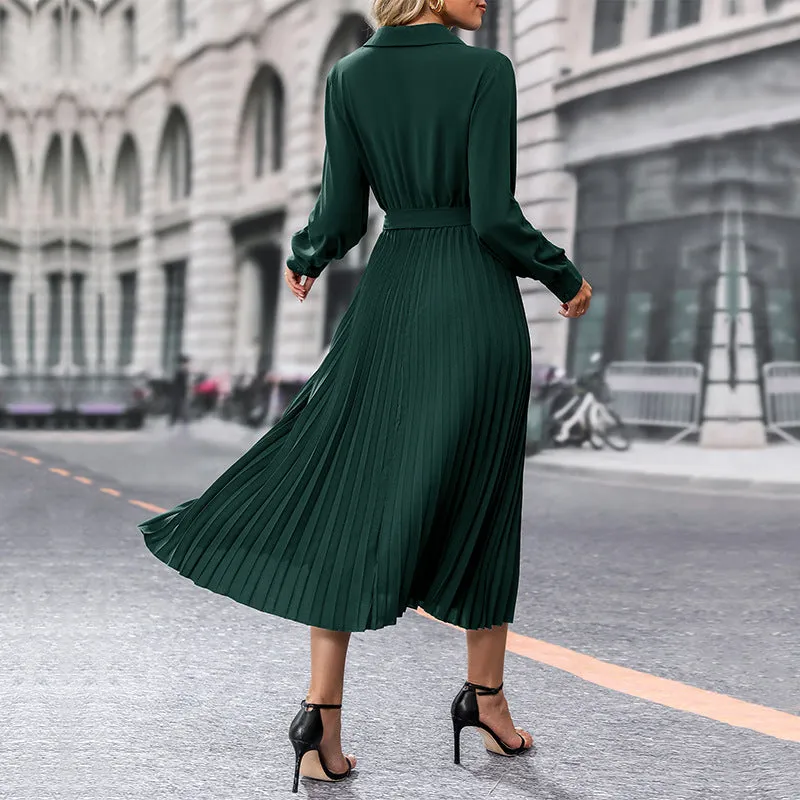 Pleated Long Sleeve V-neck Luxurious Solid Color Maxi Dress