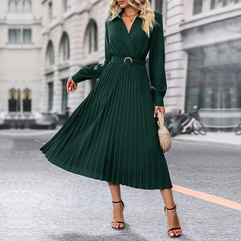 Pleated Long Sleeve V-neck Luxurious Solid Color Maxi Dress