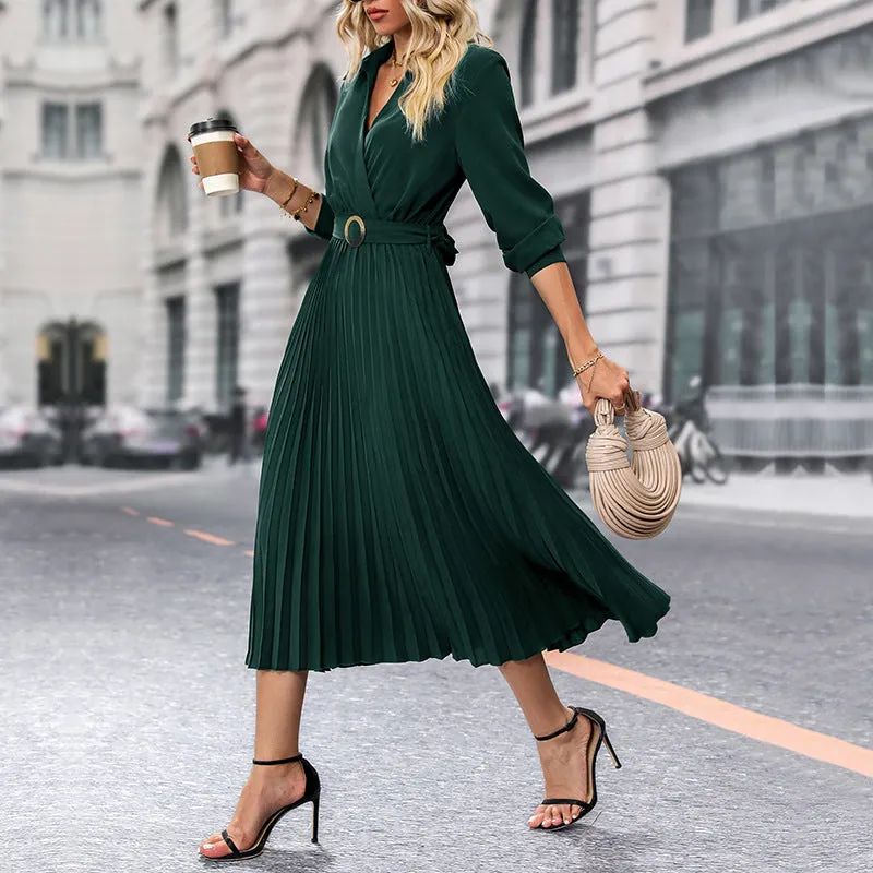 Pleated Long Sleeve V-neck Luxurious Solid Color Maxi Dress