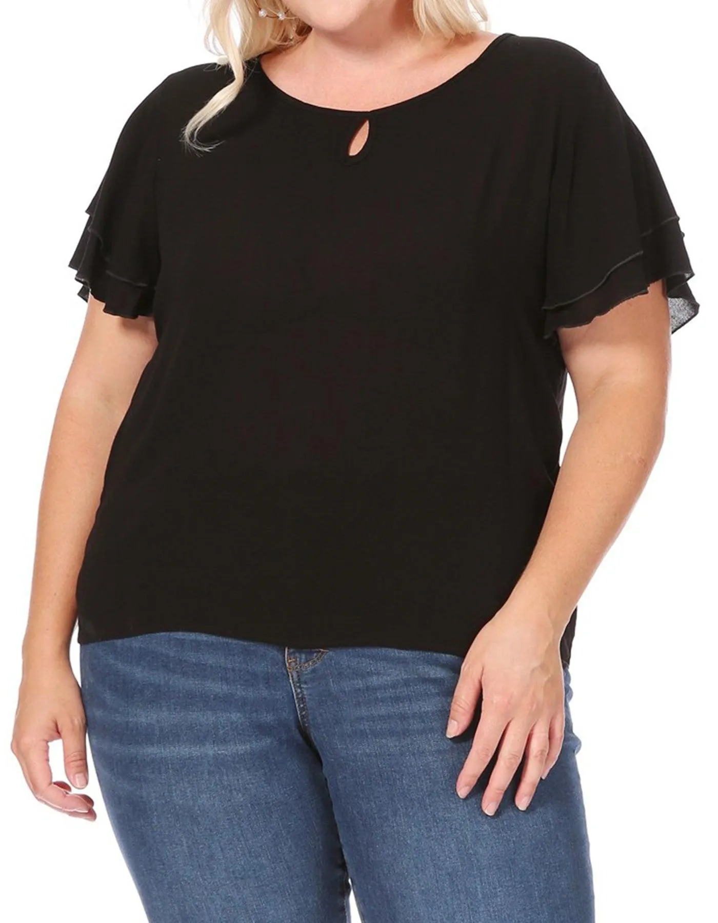 Plus Size Solid Flowy Short Flutter Sleeve Round Neck Key Hole Tee Blouse Top