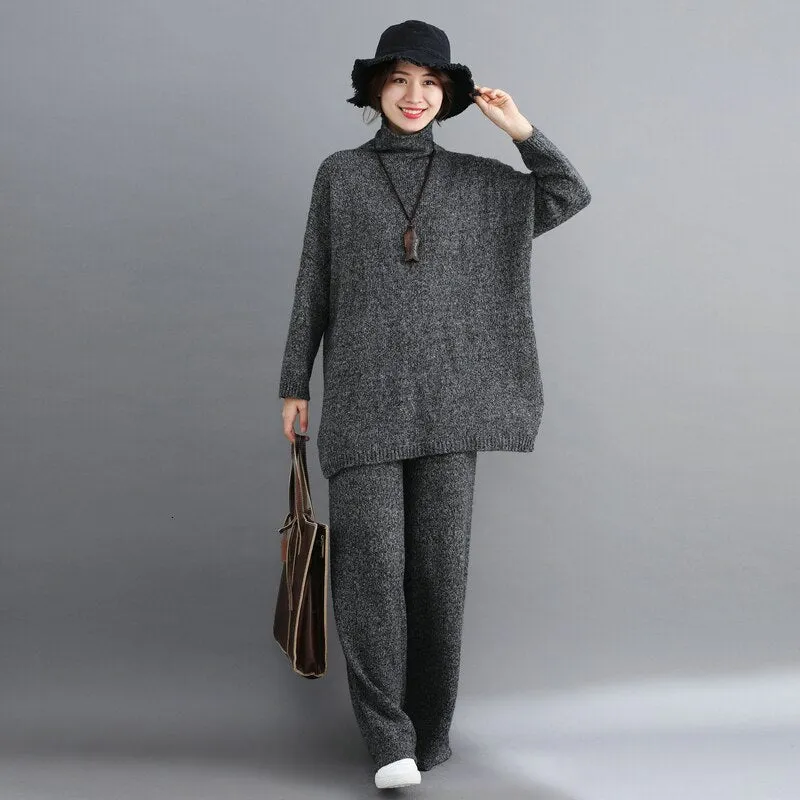 Plus Size Women Sets Winter Vintage Knitting Suit Big Size Lady Tops Long Pants Sweater Turtleneck Women Clothes