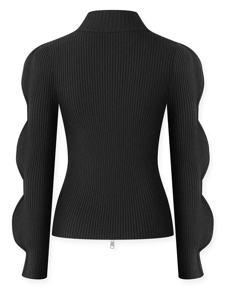 Pre Order:  Wavy Sleeves Turtleneck Zip-Up Sweater