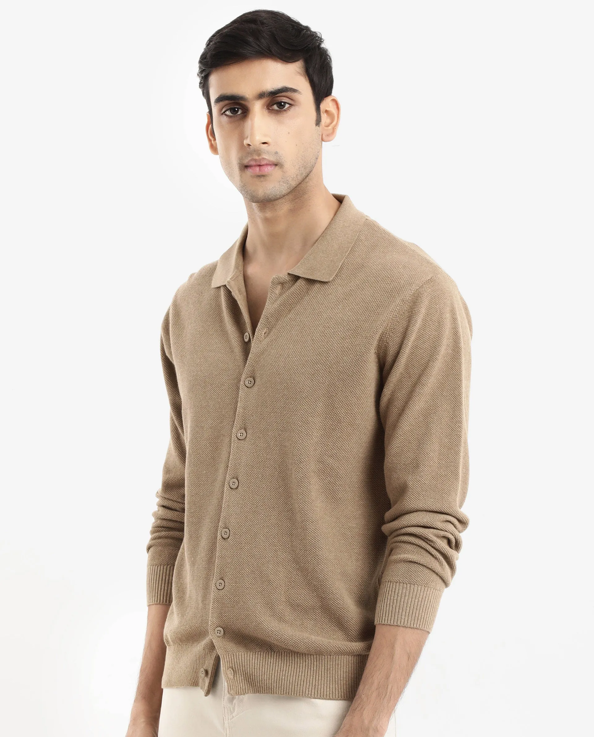 Rare Rabbit Men's Alias-N Beige Cotton Fabric Full Sleeve Regular Collar Regular Fit Knitted Shirt