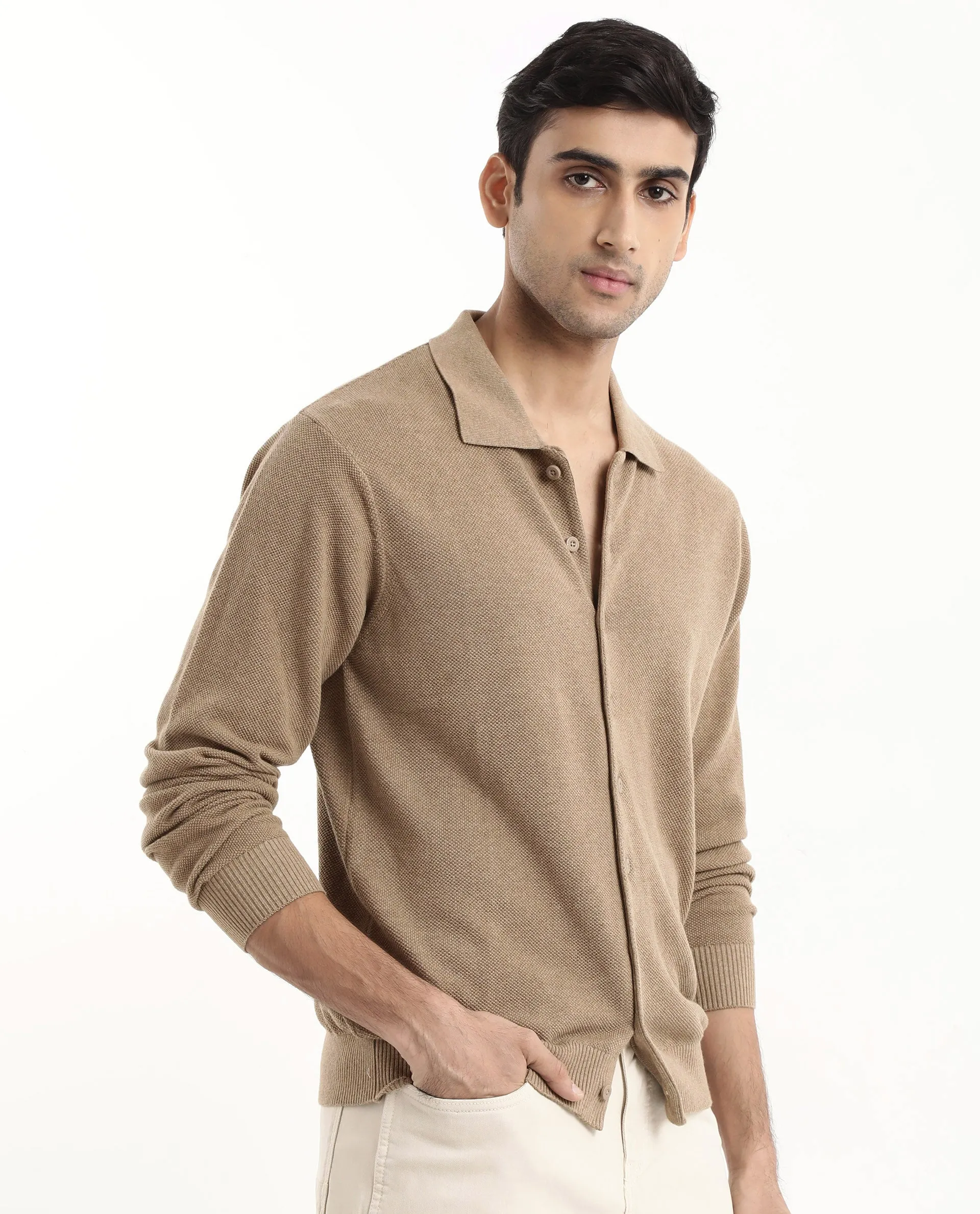 Rare Rabbit Men's Alias-N Beige Cotton Fabric Full Sleeve Regular Collar Regular Fit Knitted Shirt